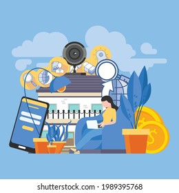 Freelancers and businessmen set. Manager at presentation, programmer and developer with laptops, web designer student, specialist and magnifier. Vector illustrations isolated on light blue background.