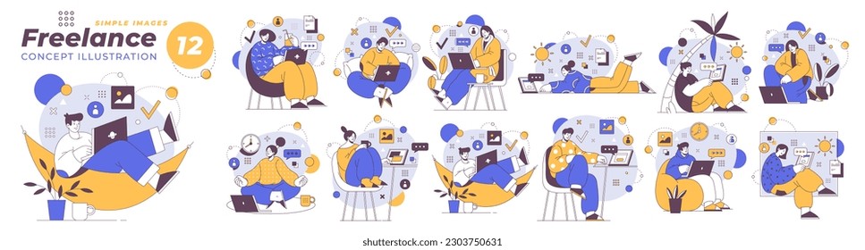 Freelancers cartoon characters working on laptop, online job on computers. Vector illustration of programming employers, relaxed person on workplace, professional programmers