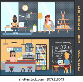 Freelancers in coworking space. Vector illustration of modern ofice interior with people. Cute flat style.