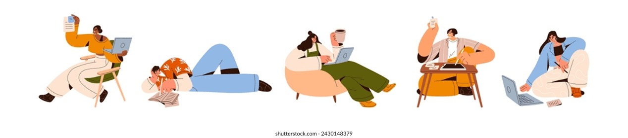 Freelancers at creative work set. Inspired freelance workers creating ideas at laptop computer and papers. Artist, author, blogger and creator. Flat vector illustrations isolated on white background