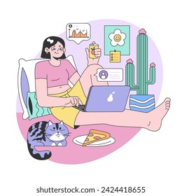 Freelancer's day concept. Woman enjoys a break with a fresh drink while working remotely, surrounded by cactus decor, motivational posters, and a dozing cat. Bright and playful. vector illustration