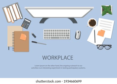 Freelancer's desktop, top view. The concept of working at home. Computer Desk with everything you need to work. Stock vector illustration