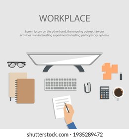 Freelancer's desktop, top view. The concept of working at home. Computer Desk with everything you need to work. Stock vector illustration