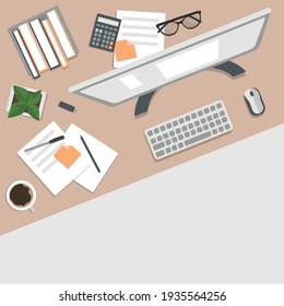 Freelancer's desktop, top view. The concept of working at home. Computer Desk with everything you need to work. Stock vector illustration