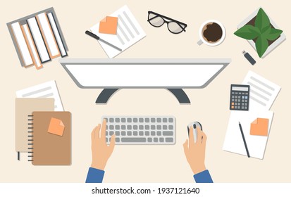 Freelancer's desktop, top view. The concept of working at home. Computer Desk with everything you need to work. Stock vector illustration