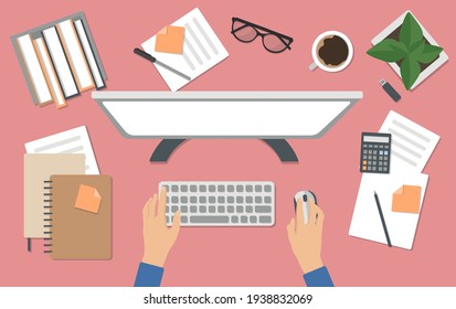 Freelancer's desktop, top view. The concept of working at home. Computer Desk with everything you need to work. Stock vector illustration