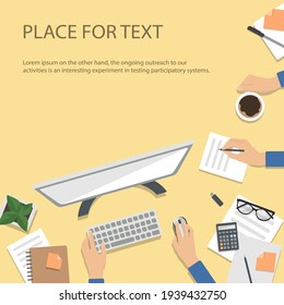 Freelancer's desktop, top view. The concept of working at home. Computer Desk with everything you need to work. Stock vector illustration