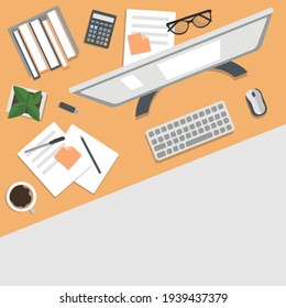 Freelancer's desktop, top view. The concept of working at home. Computer Desk with everything you need to work. Stock vector illustration