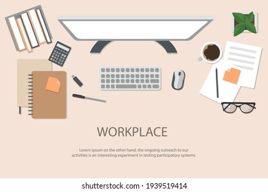 Freelancer's desktop, top view. The concept of working at home. Computer Desk with everything you need to work. Stock vector illustration