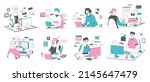 Freelancers, distant remote workers, online meeting and virtual communication. Online business freelance workflow vector symbols illustrations set. People work from home