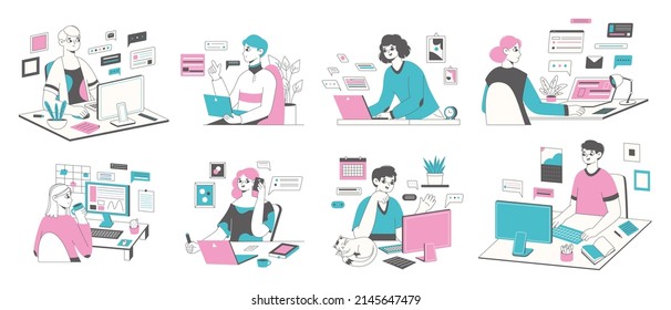 Freelancers, distant remote workers, online meeting and virtual communication. Online business freelance workflow vector symbols illustrations set. People work from home