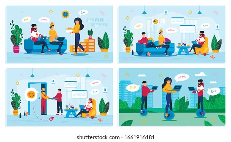 Freelancers Distant Work, IT Profession Online Education, Startup Team Trendy Flat Vector Concepts Set. Programmers Working at Home, Ordering Pizza, Web Developers Working in City Park Illustration