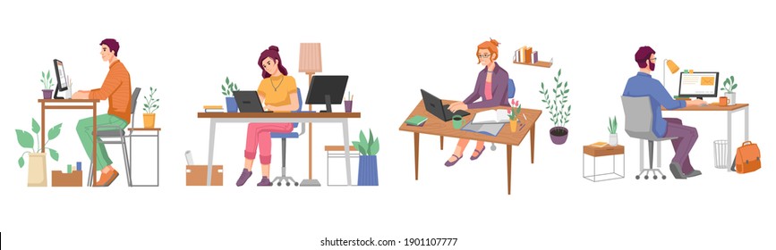 Freelancers and distant workers in home office workplace with table, computer or laptop and paperwork. Workers during coronavirus quarantine, working remotely. Cartoon character, vector in flat style