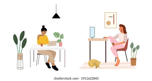 Freelancers at home. Set of young women work on laptops. Vector illustration. Online education concept