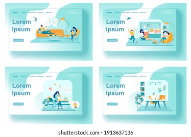 Freelancers with Kids Landing Page Templates Set. Husband and Wife on Maternity Leave Working from Home. Busy Mom Domestic Chores. Call Center Worker Remote Workplace Cartoon Character