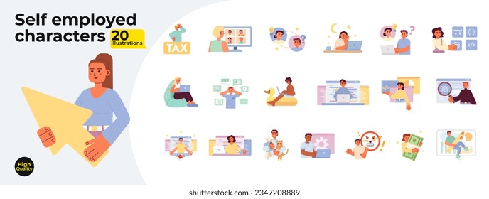 Freelancers with laptops flat concept vector spot illustrations bundle. Self employed 2D cartoon characters on white for web UI design. Remote work isolated editable creative hero image collection