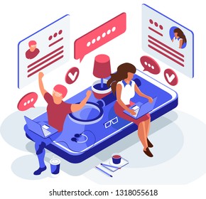 freelancers are looking for a job. Search work. People sitting on a smart phone. Messages and sv template. Isometric flat illustration