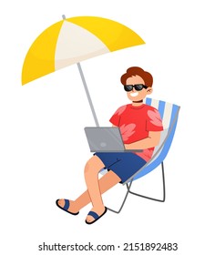 Freelancers Man Characters Working on Beach. freelance workers: man on freelance occupation or outsource work on beach, lying in hammock. People Wear Summer Clothes Sitting on Deck Chair. Remote busin