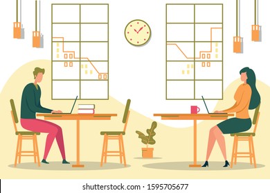 Freelancers, Man and Woman Cartoon Characters Busy with Remote Job at Home. Family Couple in Living Room Interior Working on Laptops Using Internet Communication Technology. FLat Vector Illustration.