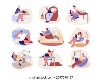Freelancers man and woman with laptop and computer work at home. Set of vector concepts. Illustration in a flat style.