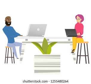 Freelancers Man and Woman Siting at same Table with Laptops in Co-working Space Working Together Businessman and Girl having Meeting. Cartoon Vector Illustration Characters