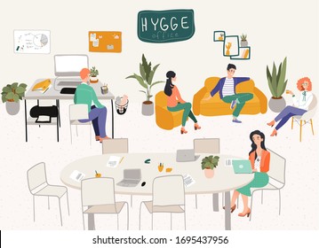 Freelancers office hygge interior workplace or home office with stylish comfy furniture and people designers with laptops flat vector illustration. Scandinavian freelance interior in hygge style.