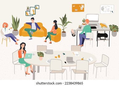 Freelancers office hygge workplace or home office with stylish comfy furniture and people designers with laptops flat vector illustration.