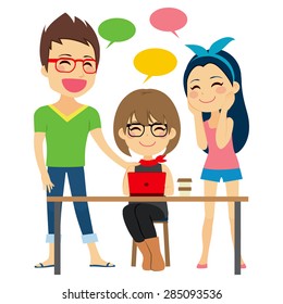 Freelancers on coworking place discussing work and talking friendly