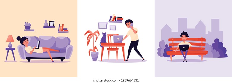 Freelancers remote work 3 cartoon compositions writer on bench outdoor designer with laptop on sofa vector illustration