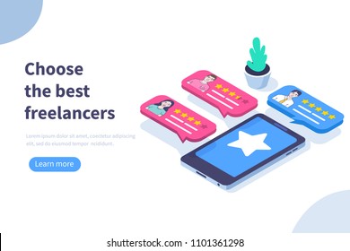 Freelancers service concept banner with text place. Can use for web banner, infographics, hero images. Flat isometric vector illustration.
