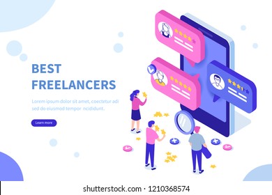 
Freelancers service concept banner with text place. Can use for web banner, infographics, hero images. Flat isometric vector illustration.
