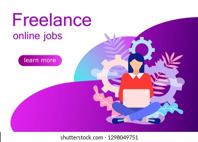 Freelancers service concept web banner. A woman is sitting on the floor with legs crossed and typing on laptop. Girl blogger work in social media. Flat style vector illustration. Landing page template