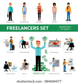 Freelancers set with advantages of work including icons of specialists vector  illustration