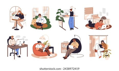 Freelancers set. Students study online. Office workers, employees at remote work at home. Young people communicate by laptop, typing in computer. Flat isolated vector illustration on white background