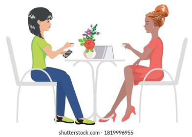 Freelancers, students or business women sitting on a chair and working on laptop in cafe or from home.