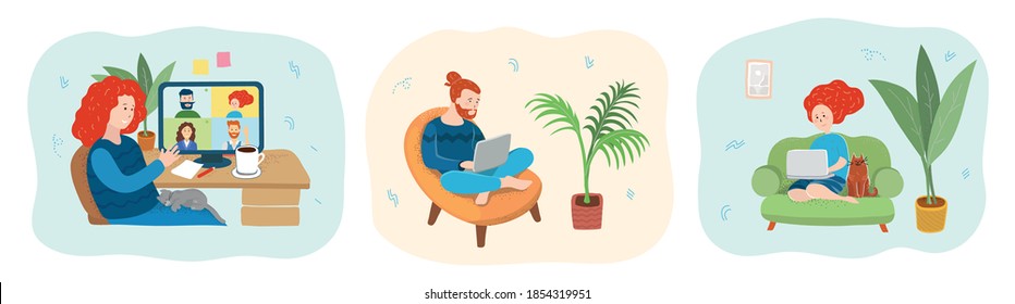 Freelancers or students working online in laptops. Male and female working freelance or studying at home in comfortable conditions. Self employed person at home office.Vector isolated illustration