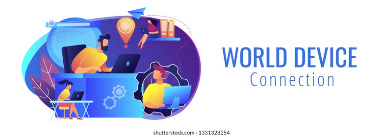 Freelancers team work with laptops connected by global network. Global network, world device connection, global communication service concept. Header or footer banner template with copy space. - Powered by Shutterstock - Get 15% off with code: PIKWIZARD15
