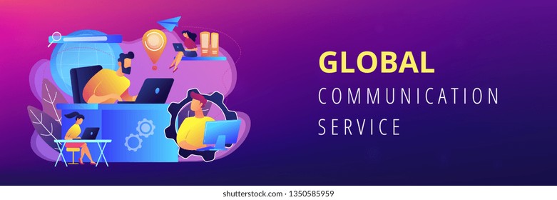 Freelancers team work with laptops connected by global network. Global network, world device connection, global communication service concept. Header or footer banner template with copy space.