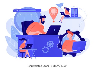 Freelancers team work with laptops connected by global network. Global network, world device connection, global communication service concept. Pinkish coral bluevector isolated illustration