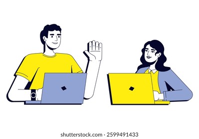 Freelancers vector illustration concept. Workers technology, remote work. Cooperation, teamwork. Man and woman working on laptops stylized cartoon characters isolated on white. Flat 2D line art