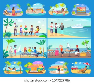 Freelancers work all around world in comfort set. People work near sea and ocean on modern laptops in hot countries cartoon vector illustrations set.