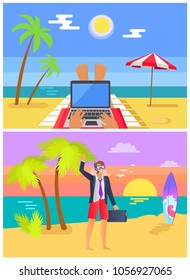 Freelancers Work Beaches Summer Set Person Stock Vector (Royalty Free ...