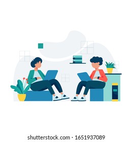 freelancers work and discuss in coworking space vector illustration, suitable for landing page, ui, website, mobile app, editorial, poster, flyer, article, and banner