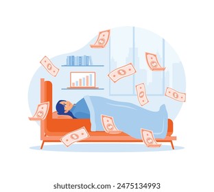 Freelancers work from home. Young woman making money while sleeping at home. Passive income concept. Flat vector illustration.