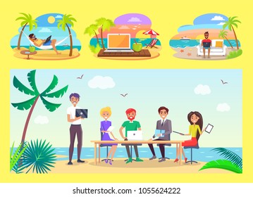 Freelancers work at office table on tropical beach. Freelance workers with modern laptops relax at beach under tall palms vector illustrations set.