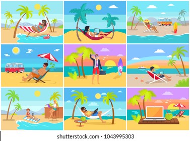 Freelancers work on laptops at tropical resorts. Freelance workers on sandy beach near sea do their job and relax in summer vector illustrations set.