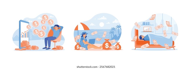 Freelancers work online. Work from anywhere. Make money from the internet. Passive income concept. Set flat vector illustration.