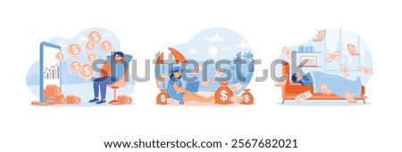 Freelancers work online. Work from anywhere. Make money from the internet. Passive income concept. Set flat vector illustration.