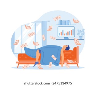 Freelancers work online. Making money while sleeping. Passive income concept. Flat vector illustration.