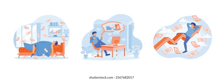 Freelancers work online. Man is thinking about investing money. Freelancers earn income online. Passive income concept. Se flat vector illustration.